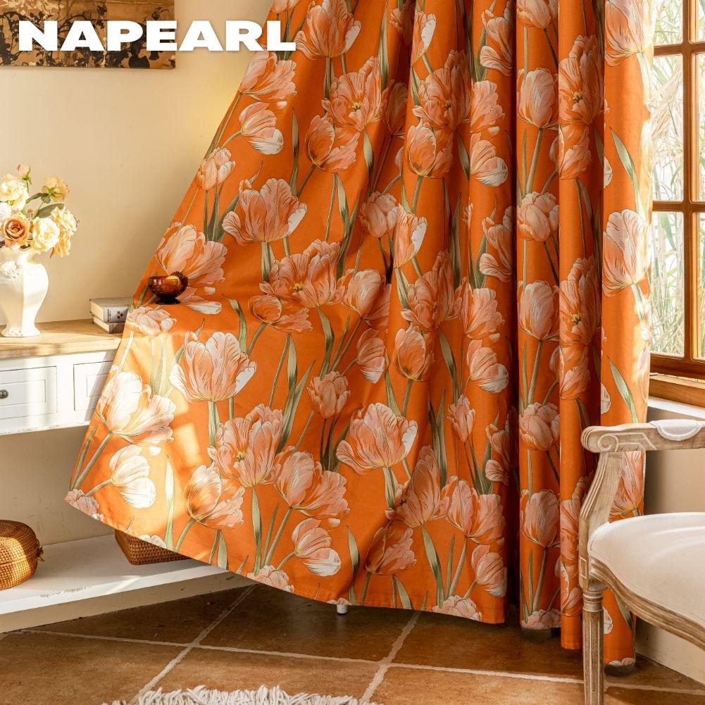1PC NAPEARL European Style Orange Tulip Printed Curtains Fully Blackout Curtain for Bedroom Living Room Balcony Window for Home Decor