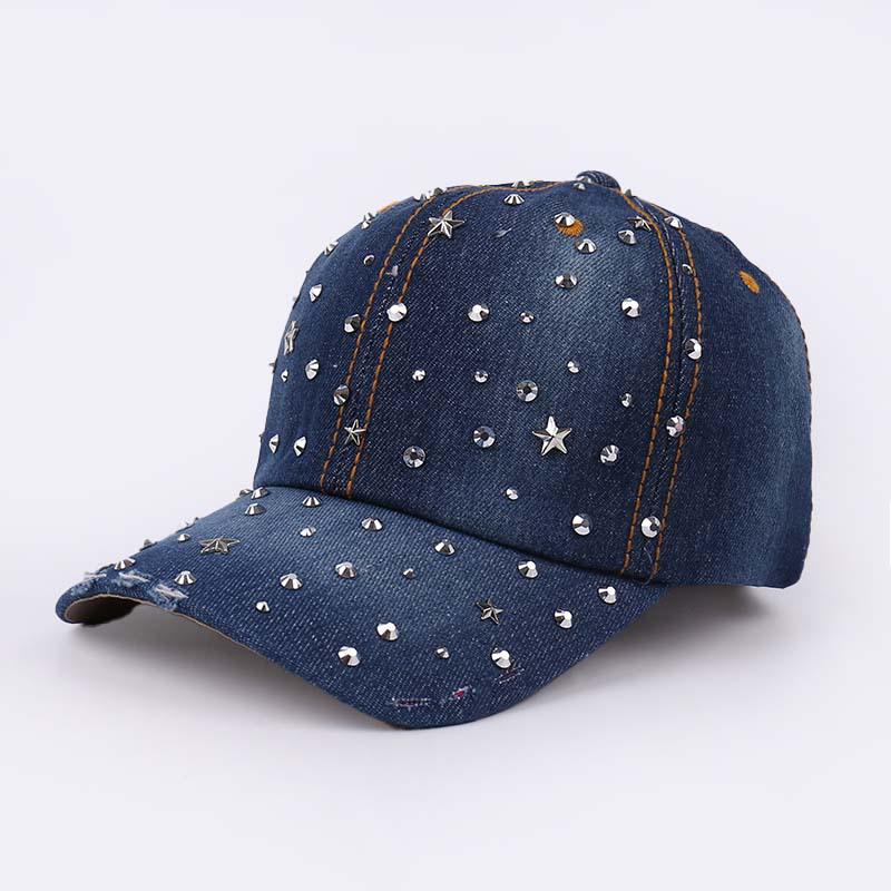 Damen Strass Denim Baseballkappe - Paris Schriftzug Sonnenhut