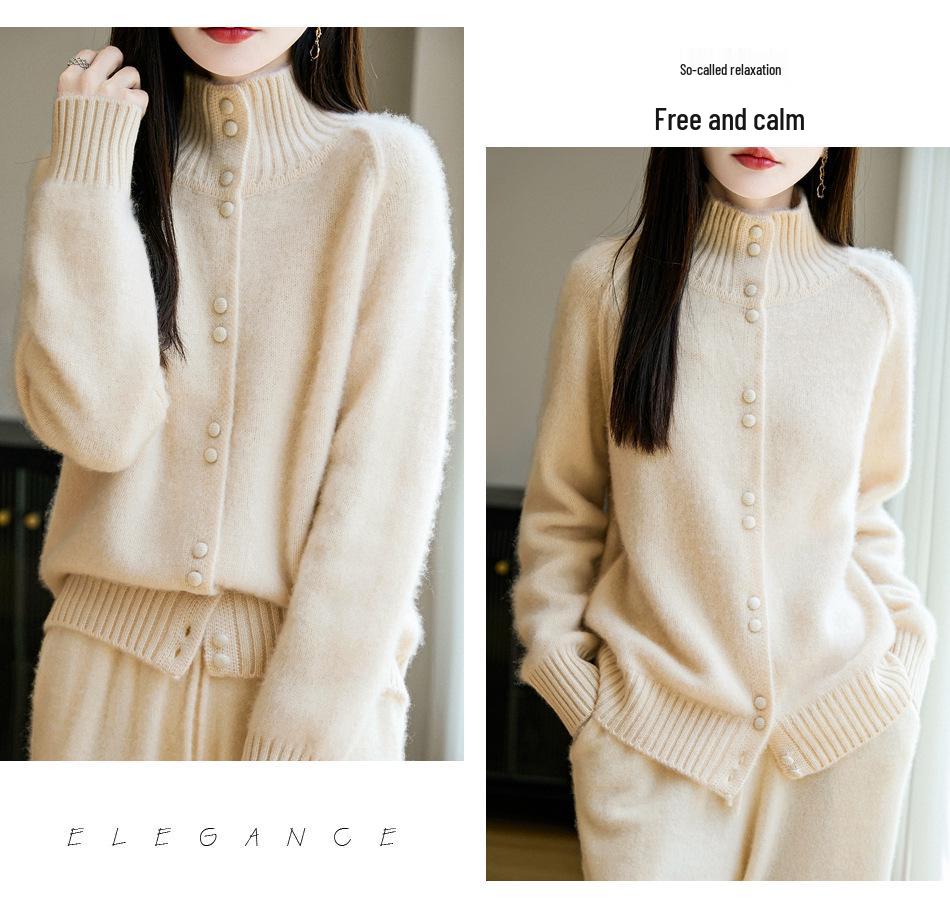 Women's Heavyweight Pure Wool Stand Collar Cardigan for Autumn/Winter