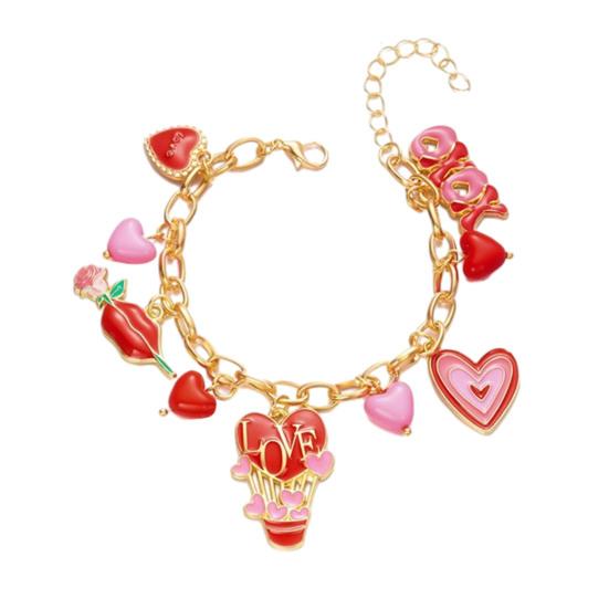 Valentine Day Bracelet Rose Flower Heart Letter Charm Adjustable Length Bracelet Girlfriend Birthday Present