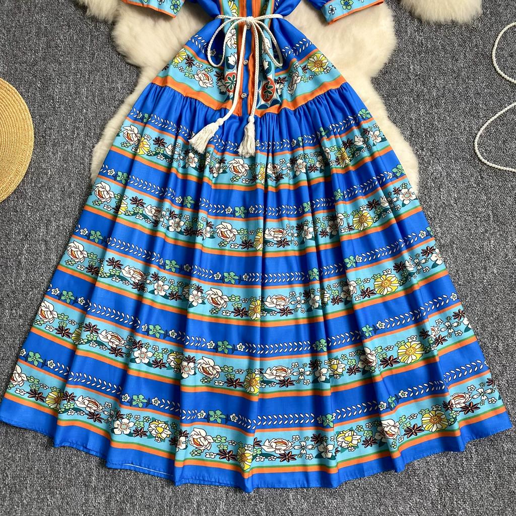 Summer Vintage Printed Oversize Long Maxi Beach Dress for Women's Lantern Sleeve Seaside Holiday Dresses