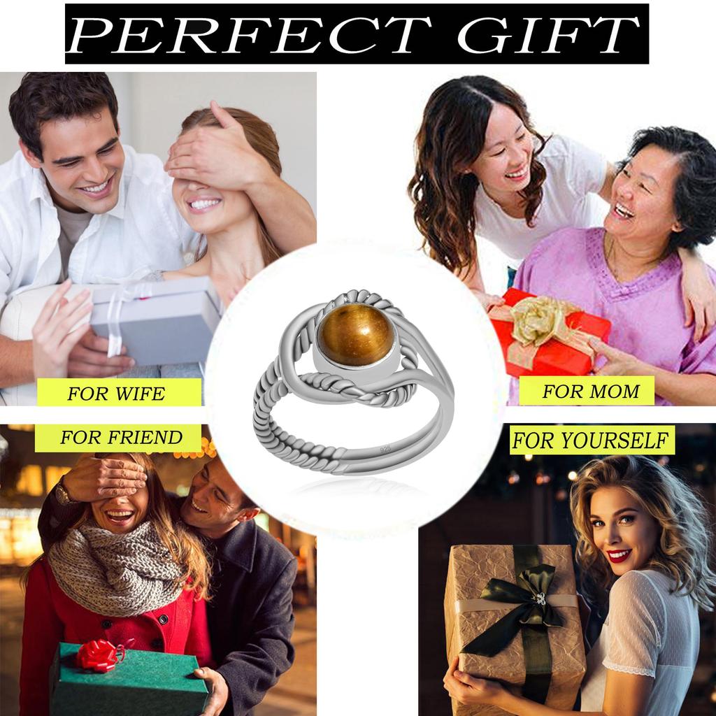 Natural 7mm Tiger Eye 925 Sterling Silver Twisted Rope Split Shank Rings For Women & Girls
