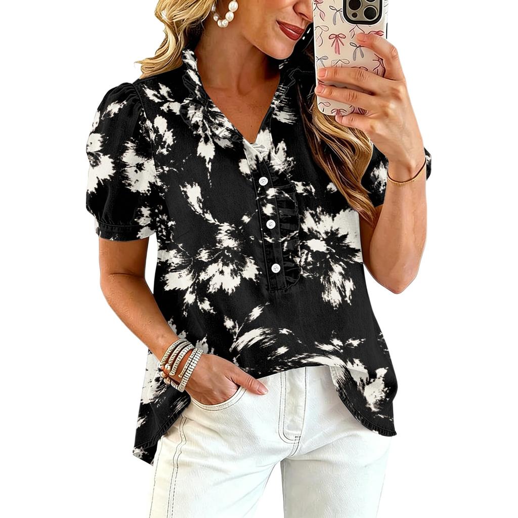 Women Ruffle V Neck Printed Blouse Short Sleeve Casual Loose Fit Top Button Down Lightweight Shirt