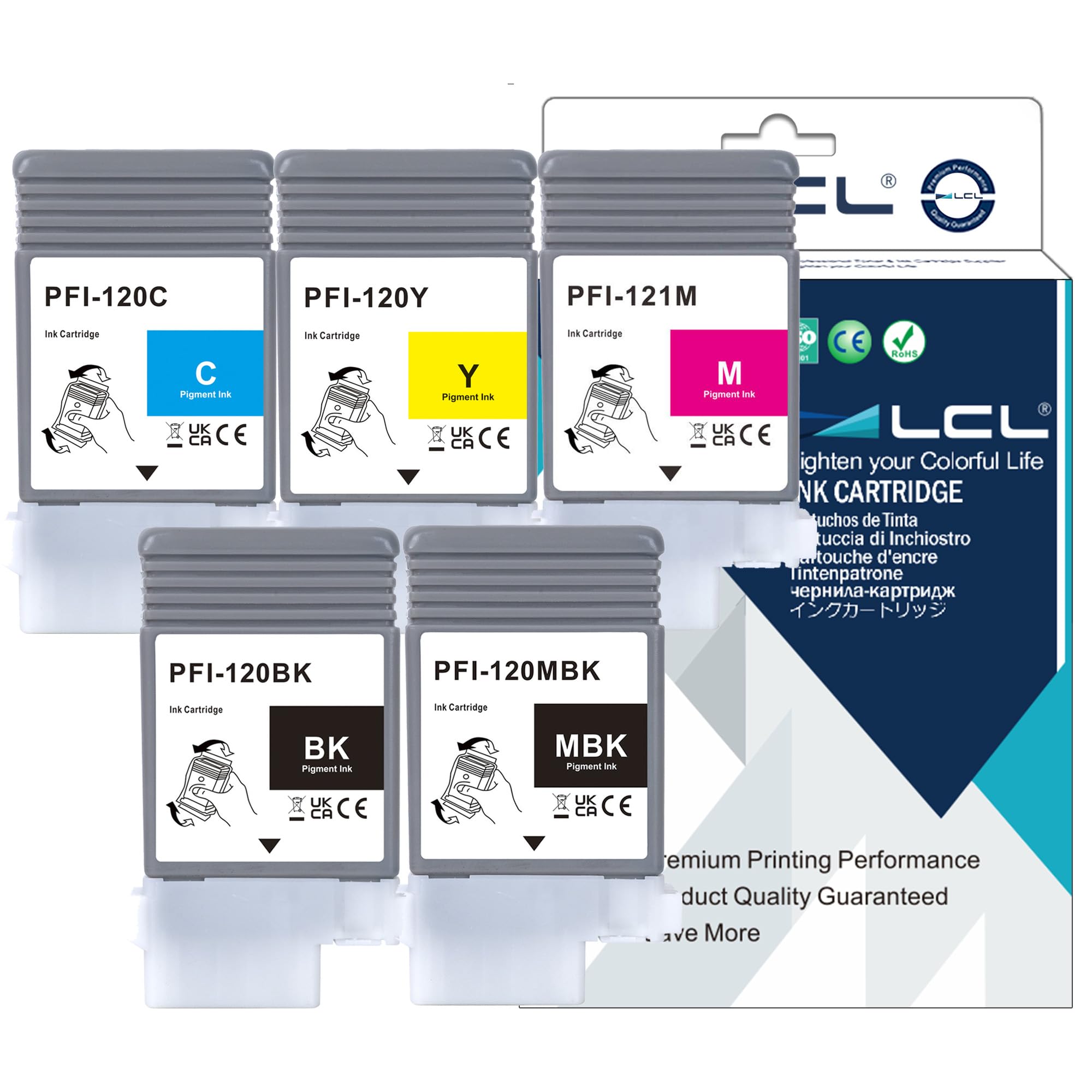 

LCL Compatible Canon Pigment Ink Cartridges for and Printers PFI-120 (MBK/BK/C/Y) + PFI-121M (5-Color Set) TM-250, TM-255, TM-350, TM-355