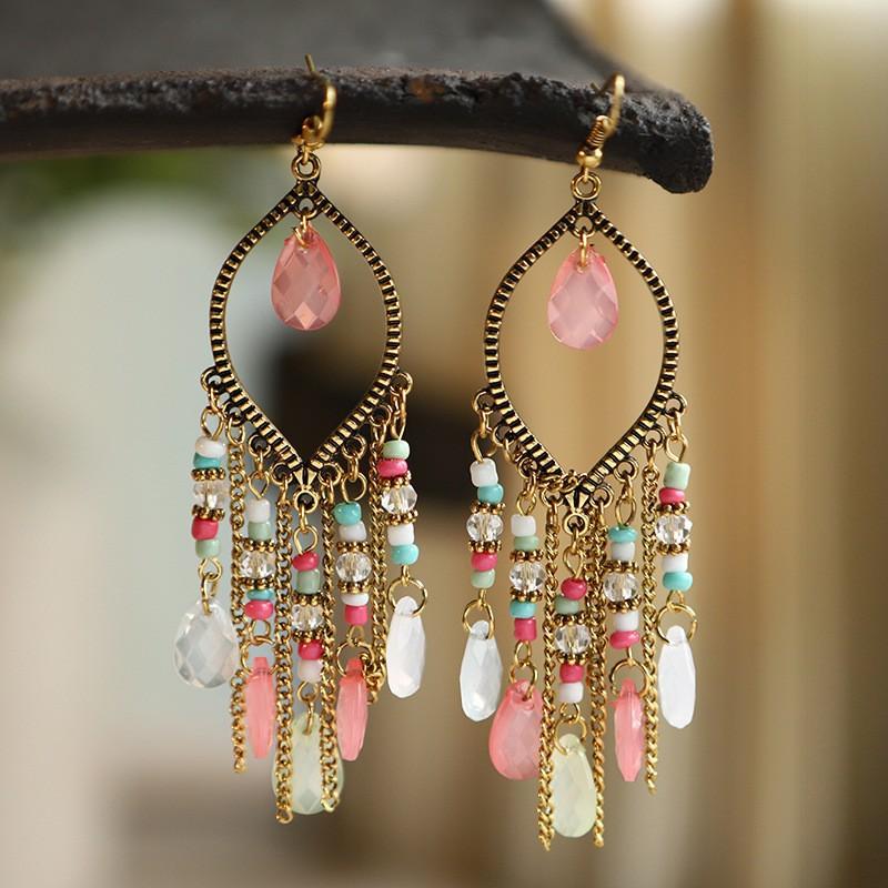 New Chinese Bohemian Long Crystal Tassel Earrings Exaggerated Ethnic Elegant Dangle Earrings For New Year Gift