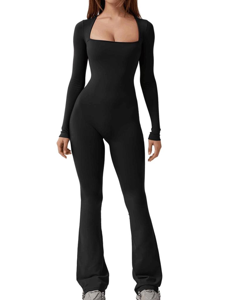 2023 Damen Langarm Jumpsuit mit Bauchkontrolle und Taillenformer, Po-Lifting, Karree-Ausschnitt, Weiter Beinausschnitt, Hohe Elastizität