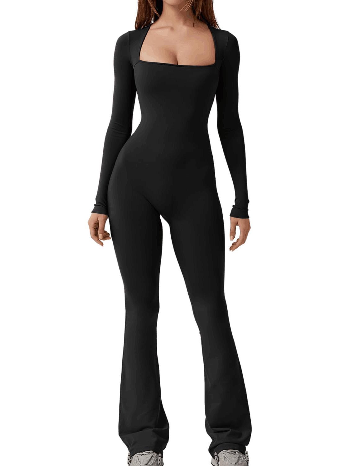 Bauchkontroll-Jumpsuit mit quadratischem Ausschnitt, Hüftlift und weitem Bein – Damen, Langarm, Hohe Elastizität S schwarz
