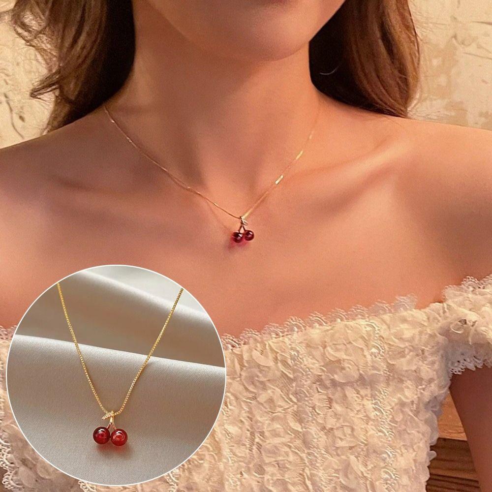 Cute Red Cherry Cherry Pendant Necklace Golden Chain Jewery Accessories Fruit Chain Necklace Necklace Jewery Party