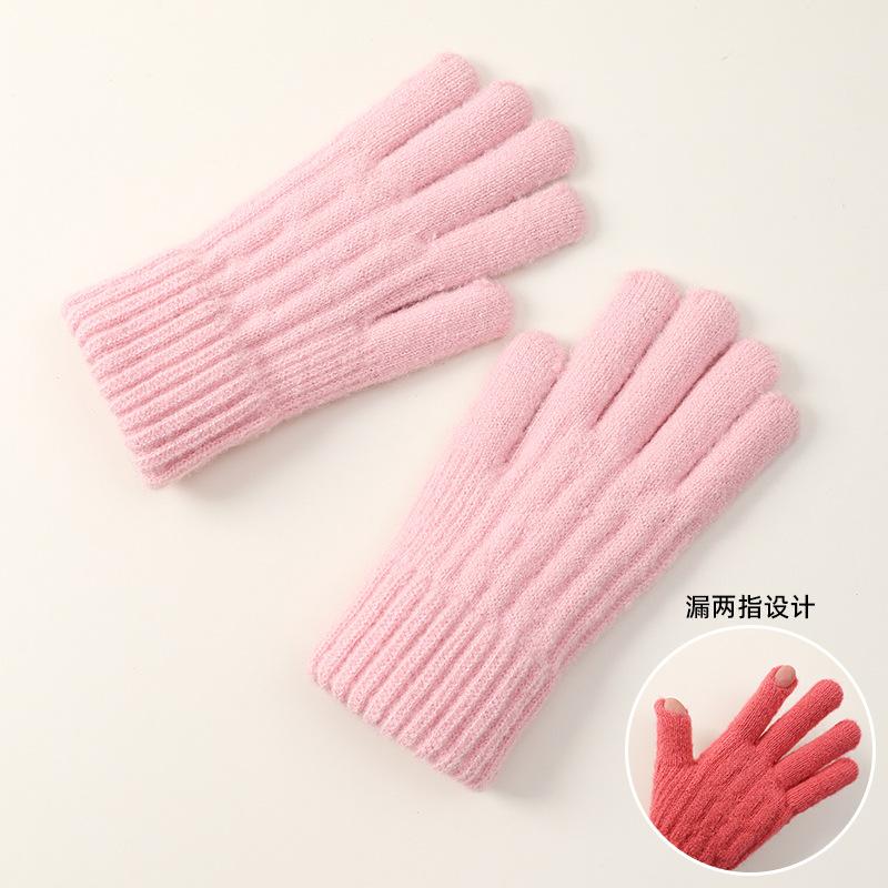 Solid color leaky two-finger knitted thickened brushed fleece warm and cold-proof women's winter outdoor wool student gloves