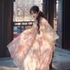 smudge printing fairy lace temperament waist ruffle edge suspender skirt summer fairy long skirt cardigan two-piece set