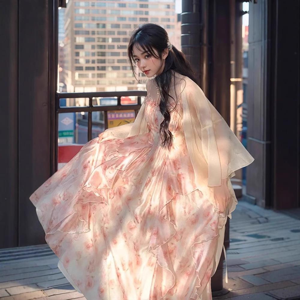 smudge printing fairy lace temperament waist ruffle edge suspender skirt summer fairy long skirt cardigan two-piece set