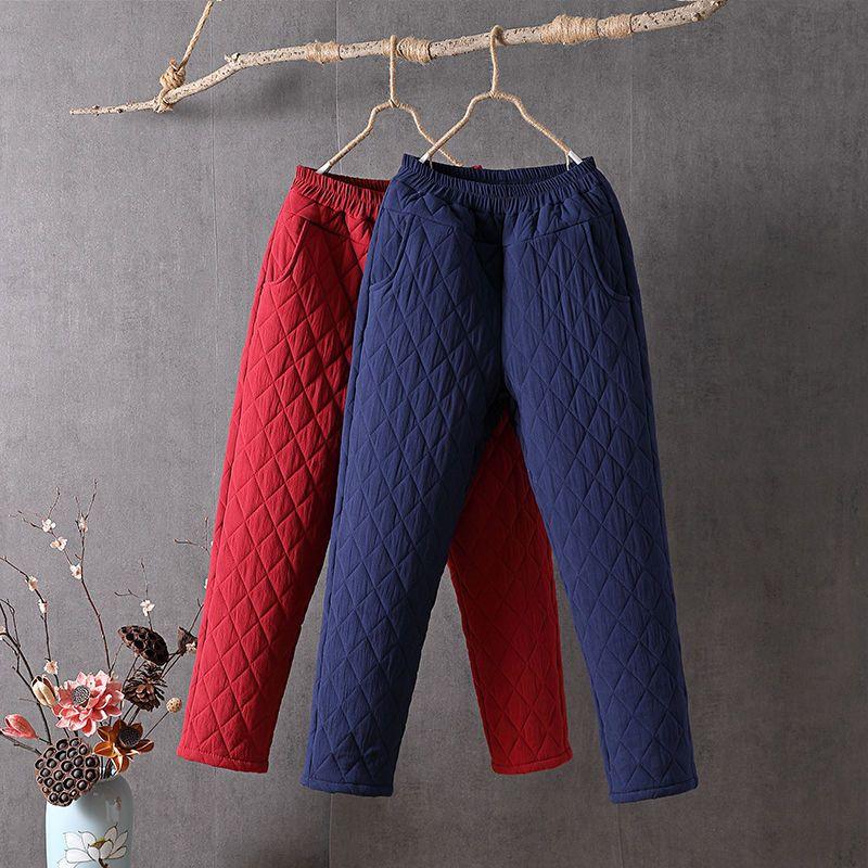 Down Cotton Women's High Waisted, Thickened Straight Tube, Loose Fit, Plus Size, Elastic Waistband, Worn Outside, Warm Women's Cotton Pants