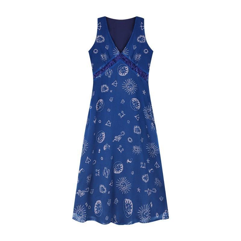 French blue floral suspender vest dress children's summer new seaside vacation style beautiful long dress thin