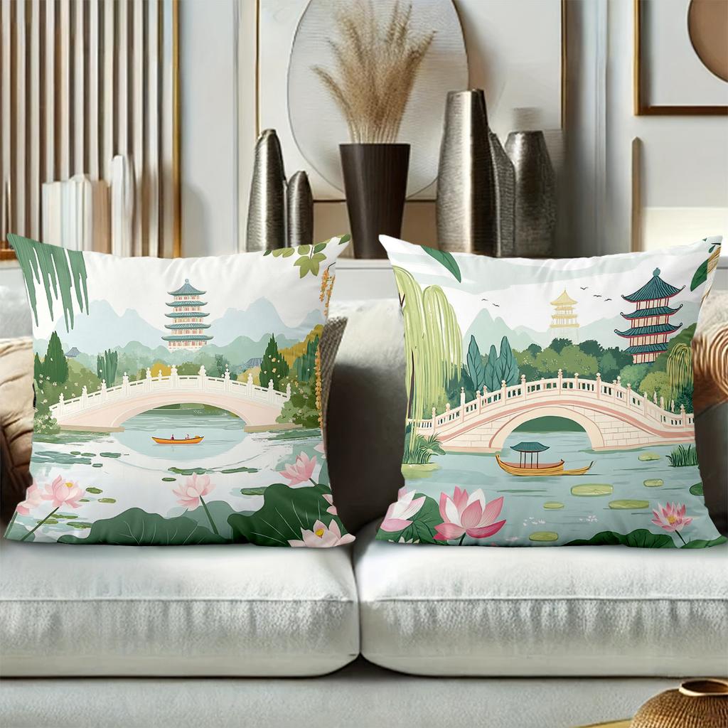 Chinese Style Landscape Printed Decorative Throw Pillows Polyester pillowcase, sofa decorative cushion cov Headboard Pillow