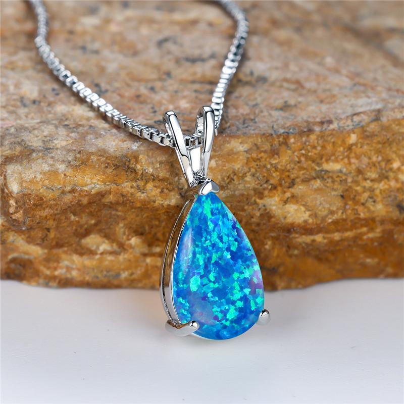 Boho Female Small Blue Green Opal Water Drop Pendant Necklace Silver Color Wedding  For Women