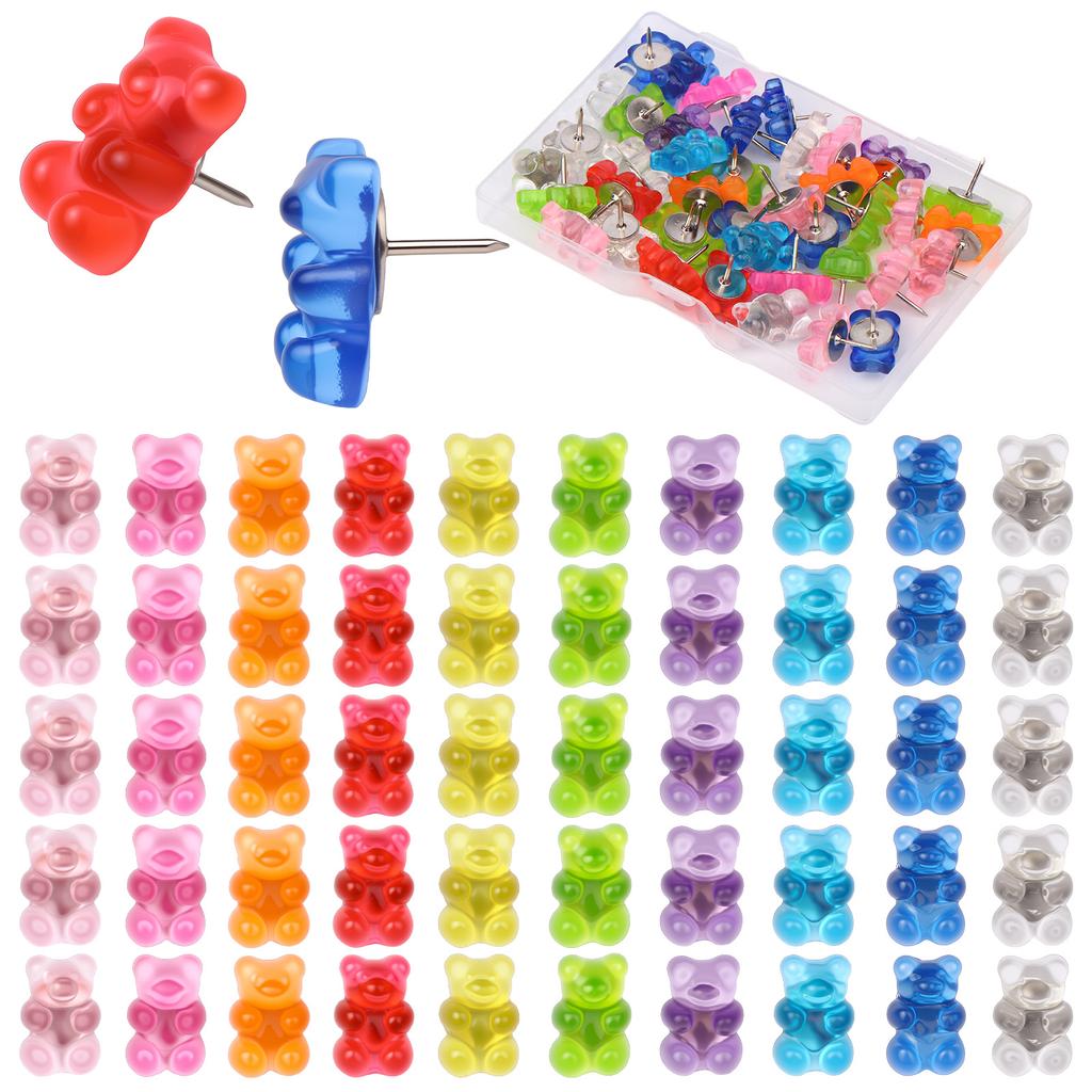 50 Stk Farverige Bjørne Trykknapper Gennemsigtig Harpiks Gummy Bear Trykknapper Søde Tommelfinger Trykknapper Dekorative Trykknapper Med En Æske Til Kontoret