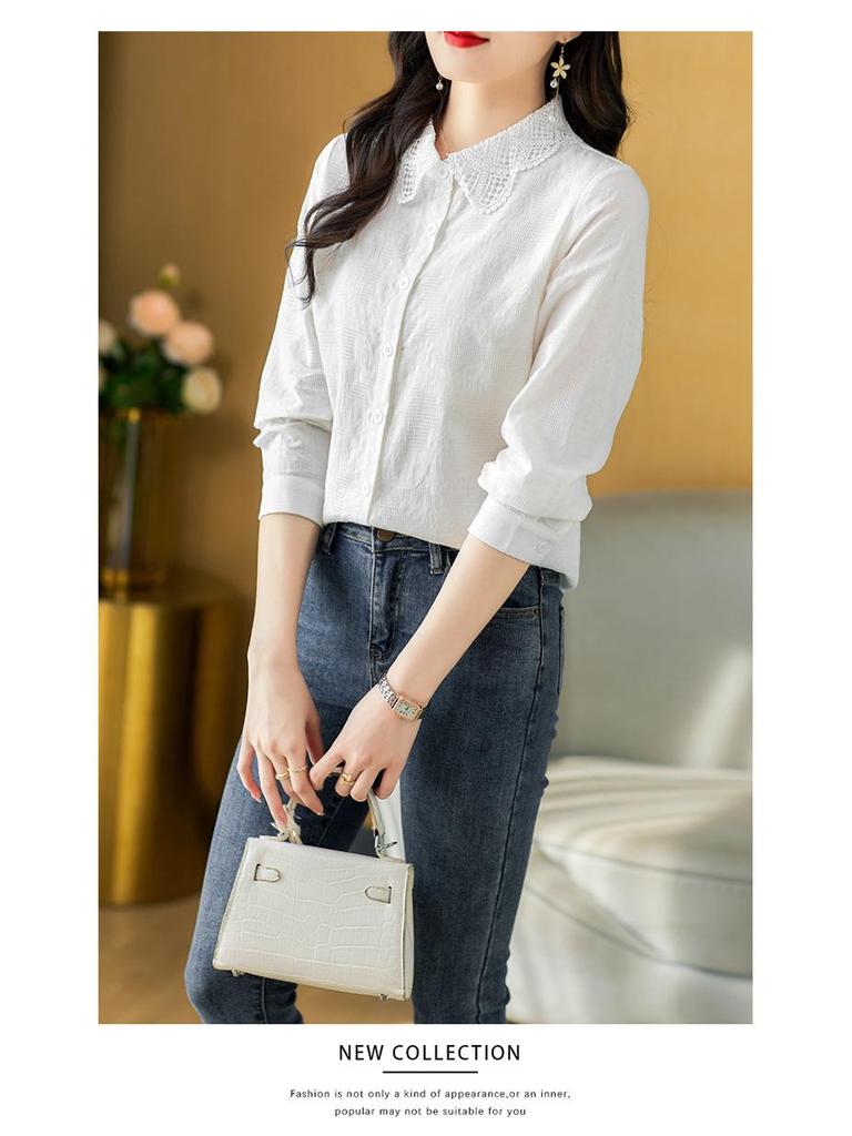 2023 Spring Women's Cotton Jacquard Shirt with Doll Collar and Long Sleeves
