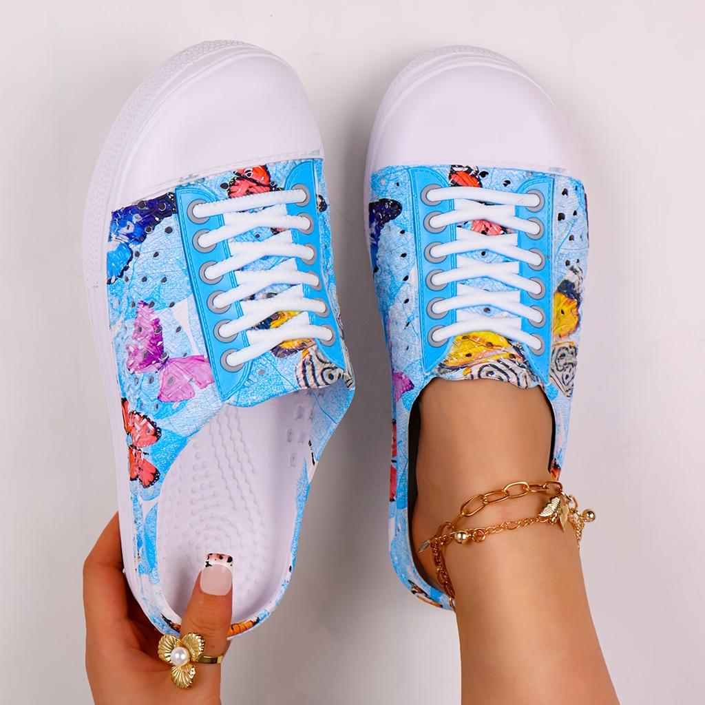Damen Sommer Strand Clogs: Schmetterlingsmuster, Modische Schnürung, Leichter Komfortabler Unisex-Stil, Damenschuhe