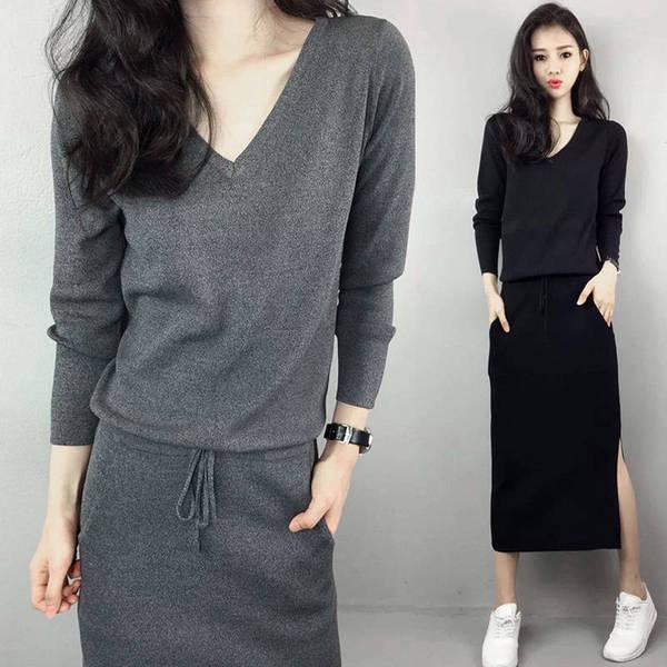 Korean Style V-Neck Lace-Up Waist Knit Midi Dress for Women 2X Large