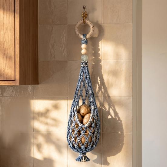 Onion And Potato Storage Keeper Handwoven Cotton Rope Mesh Bag, Wall-Mounted Bohemian Style Organizer, Kitchen Countertop Space Saver Breathable