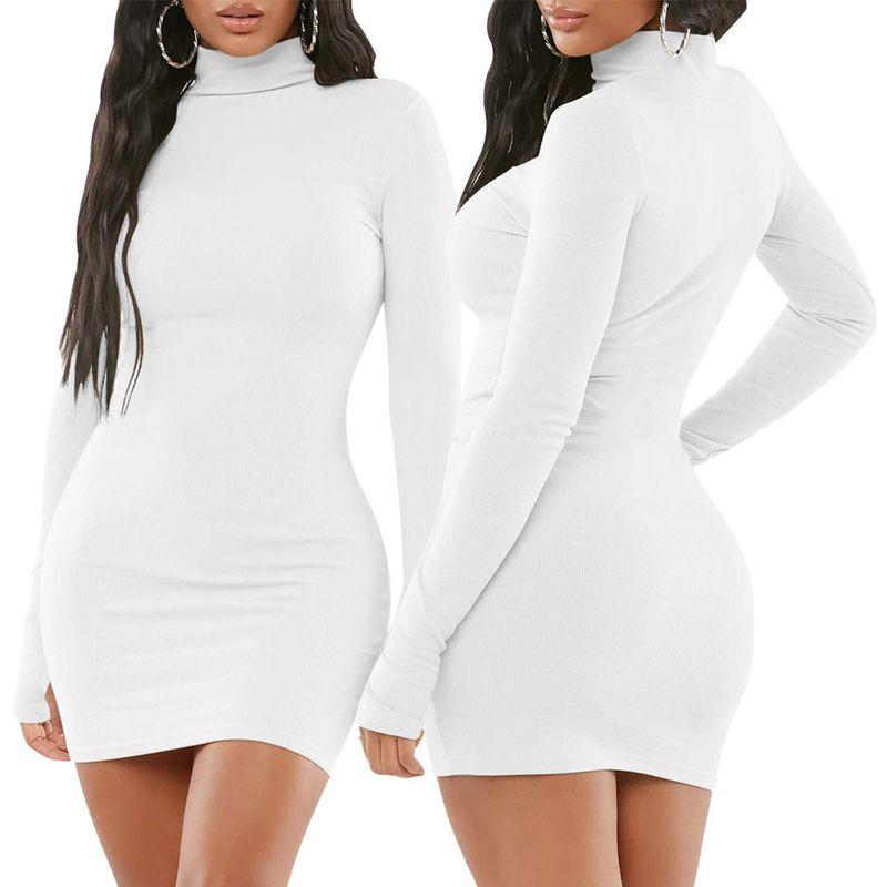 

Smr11184 Foreign Trade Amazon New European and American Sexy Fashion Long-Sleeved Solid Color Women s Fitted Dress White M