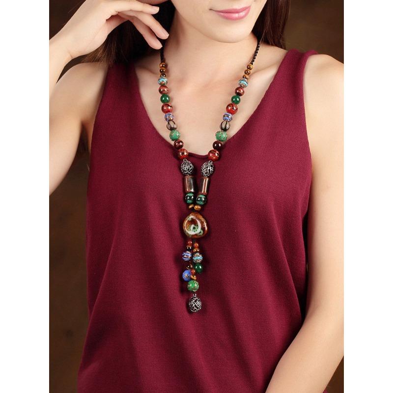 GEMCHIC Women s Vintage Long Sweater Necklace Ethnic Style Glass & Tiger Eye Stone Pendant Chain Boho Jewelry