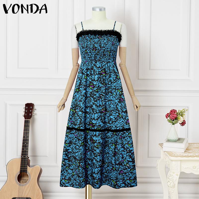 

VONDA Summer Women Strap Sleeveless Printing Party Casual Holiday Long Pleated Dresses 4XL синий
