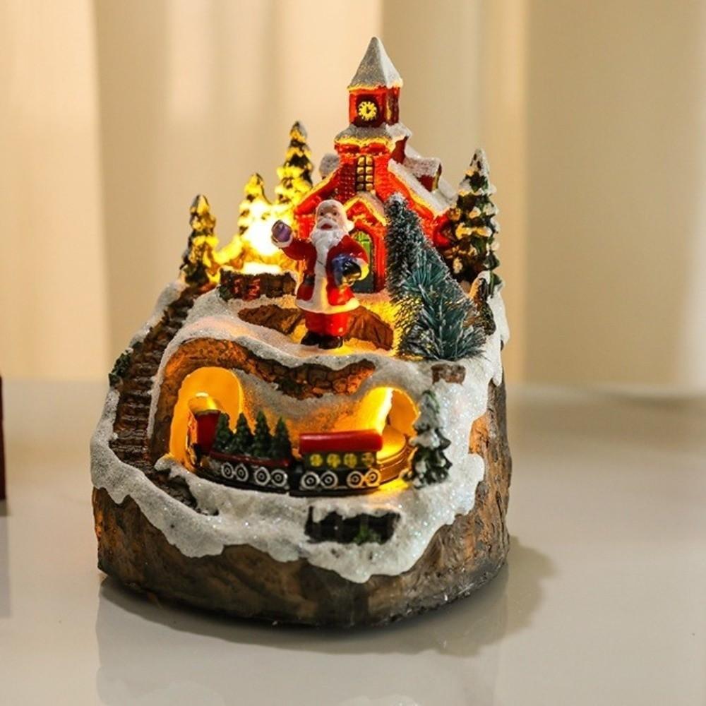 Creative Resin Christmas Village Houses LED Light Snow View Xmas Ornament Craft Santa Claus New Year Decor Festive Atmosphere