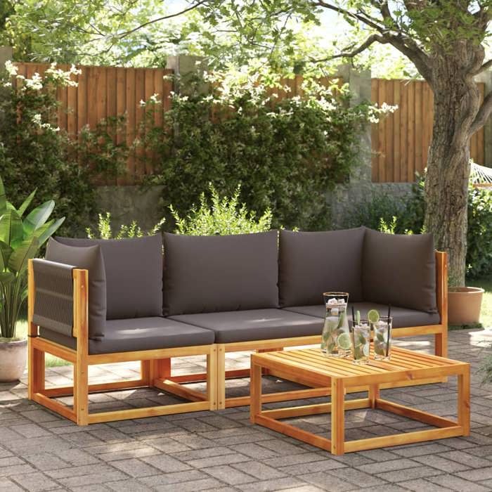 VidaXL Ensemble de canapés de jardin 3 pièces avec coussins, bois d'acacia et corde, 3278831