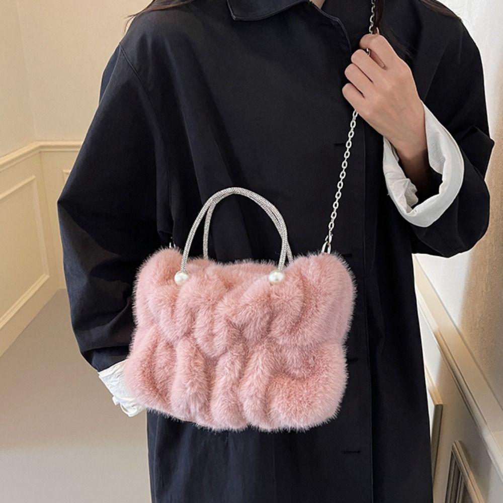 Korean Style Women Plush Shoulder Bag Solid Color Faux Fur Crossbody Bag Travel