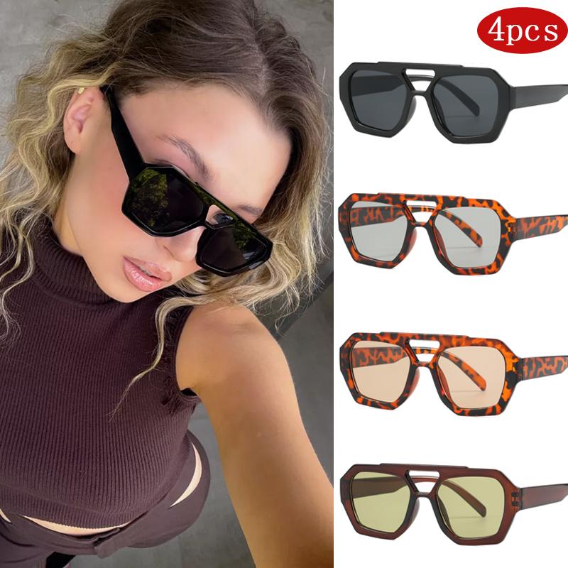 4pcs Fashion Female Double Bridges Square Sunglasses Big Frame Design High Quality UV Protection Outdoor Sun Glasses