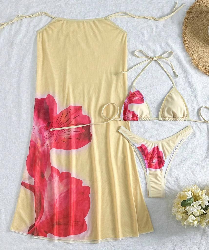 Women's Swimwear Printed Halter Neck Side Long Blouse Bikini Suit Three-piece Beachwear Bathing Suits
