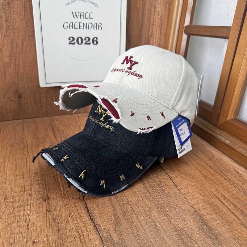 High cranial top plain baseball cap women washed old rough edge NY three-dimensional embroidery baseball cap versatile broken brim sun hat