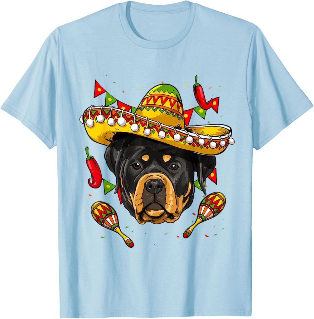 Cinco De Mayo Rottweiler Sombrero Dog Graphic Tee Casual Cotton Short Sleeve T-Shirt for Men Women