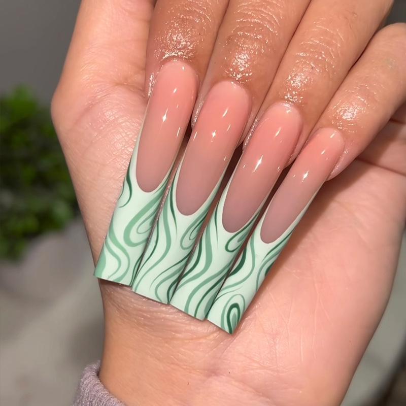 European & American Style Long Green Pattern Press-On Nails with Removable Nail Art