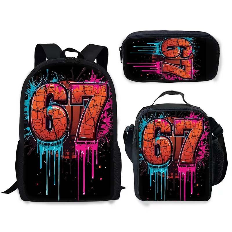 Fashion Trend New Stem 67 Six Seven Printed Schoolbag Meal Bag Pencil Bag Three-Piece Set, Cool Student Schoolbag