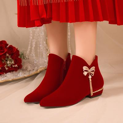 Winter New Thick Heel Cotton Boots Women Pointed Suede Side Zipper Butterfly Knot Short Tube Wedding Shoes