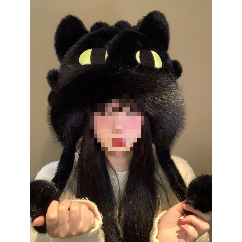 Women's Cute Black Toothless Plush Hat - Fleece-Lined, Warm, Winter Ear Protection Lei Feng Hat