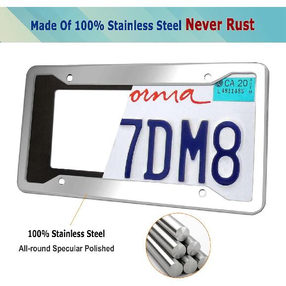 Stainless Steel License Plate Frames- 2 Pack Mirror Polished Car Plate Holder, With Screws, Chrome Caps, Heavy Duty Rustproof Metal Front Rear Car