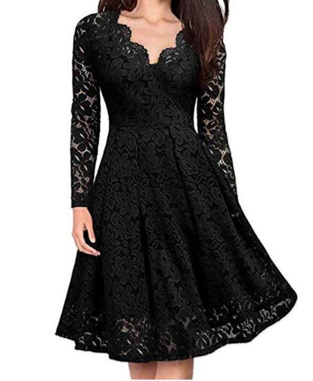 Women's Autumn and Winter Dress Lace Dress with Long Sleeves with A Base Slimming Temperament Skirt