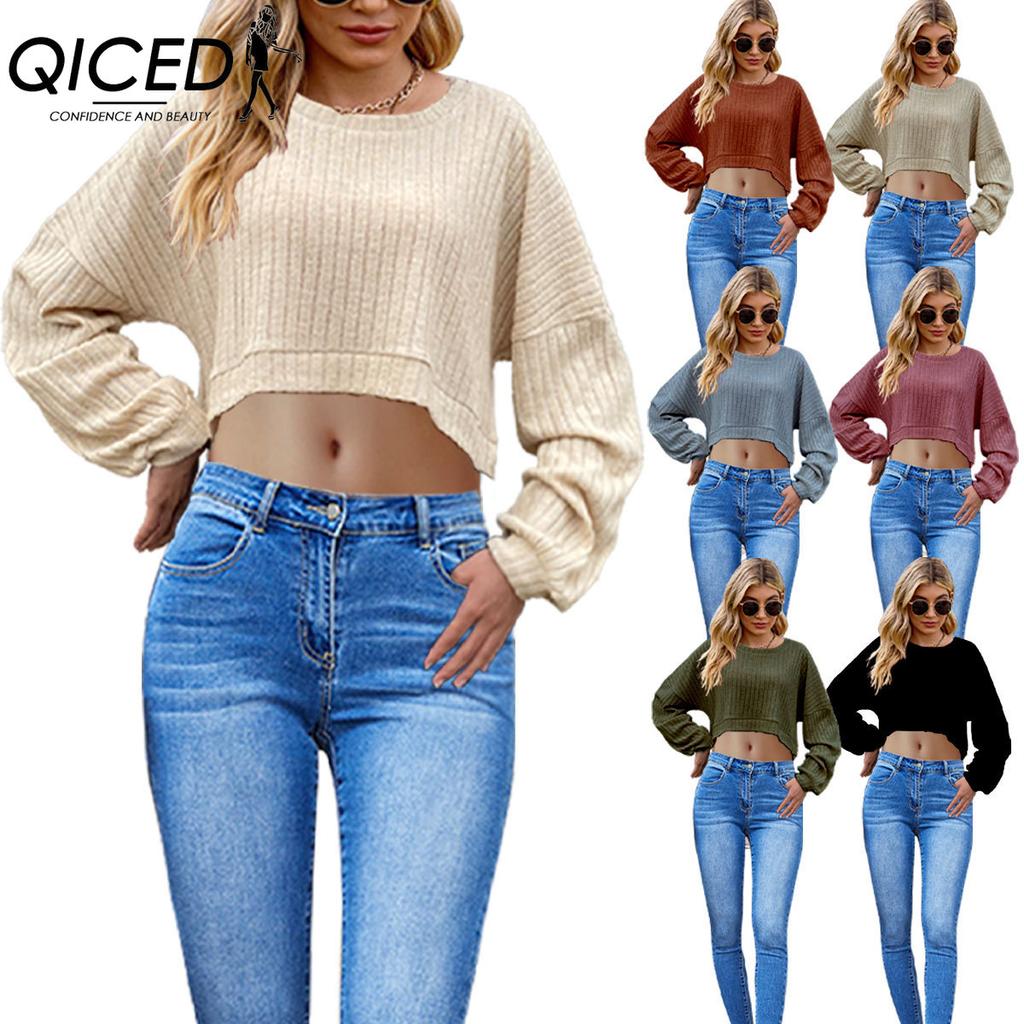 QICED Autumn and Winter Women's Wear Is A Brushed Pit Striped Knitted Crop Top with Long Sleeves and Short T-shirts