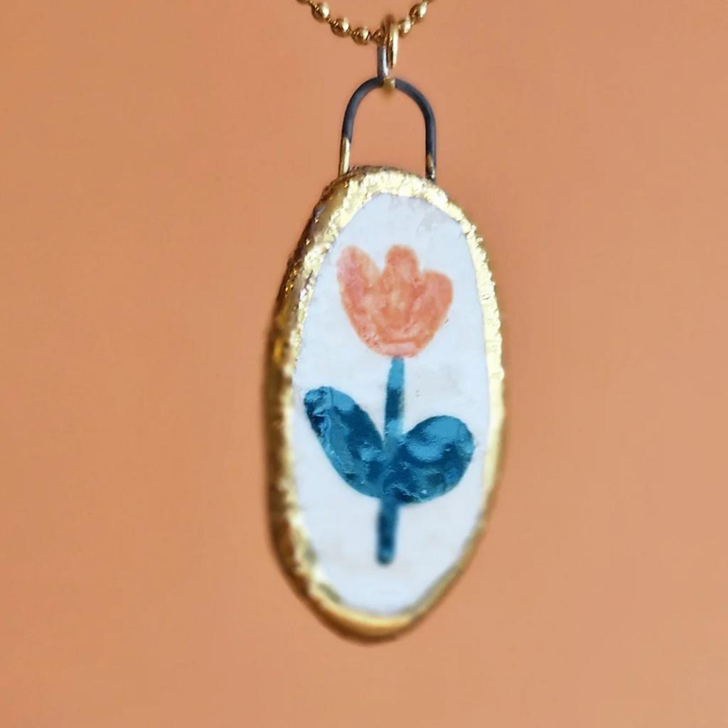 Hand-Painted Printed Necklace, Dripping Oil Flower Gold Pattern Pendant, Artistic Style, Niche Women'S Tide Neck Chain.