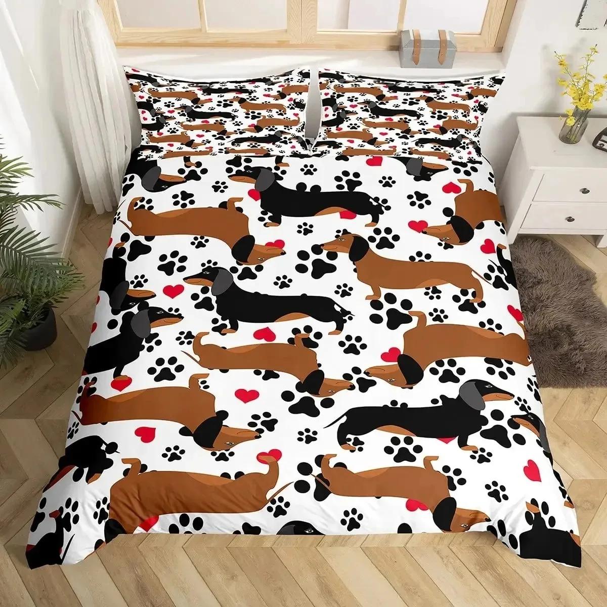 Comforter Dachshund Sausage Cartoon Puppy Dog Bedding Set Toddler Weiner Dog Comforter Dachshund Dog Comforter (quilt)-EU Single(135*200cm)3pcs