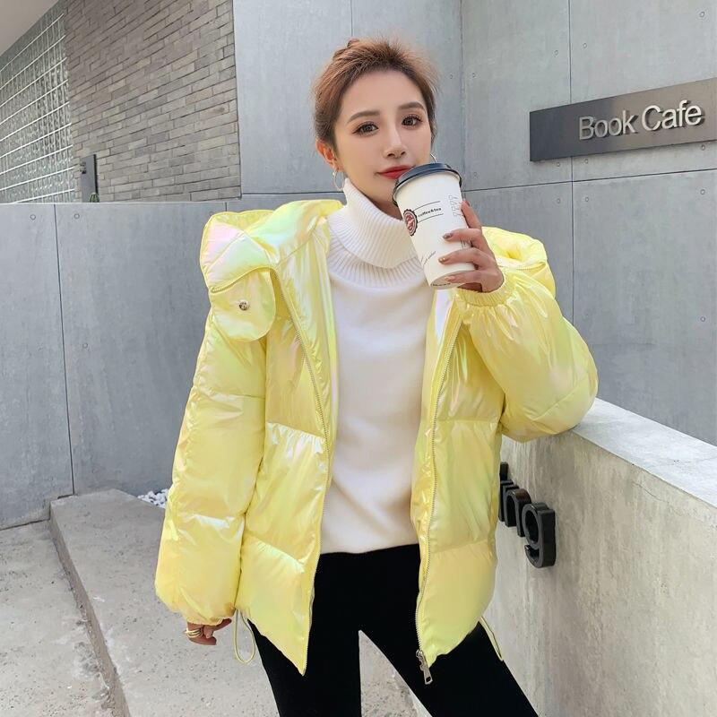 Winter Warm Bright Leather Bread Parkas Coat Loose Pink Women Jackets Yellow Clothes