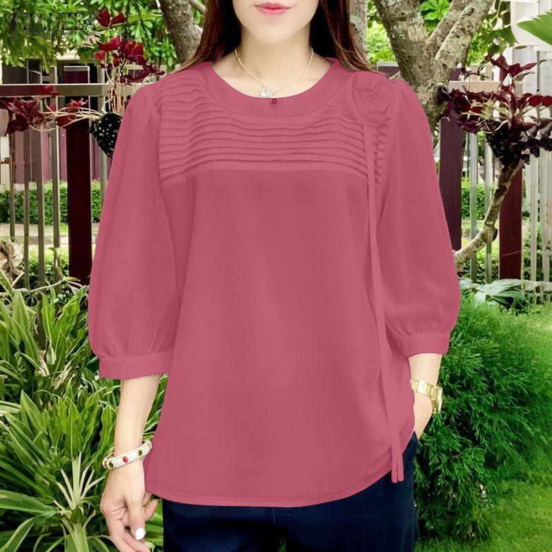 ZANZEA Dámska ležérna blúzka s okrúhlym výstrihom, jednofarebná, s polovičným rukávom