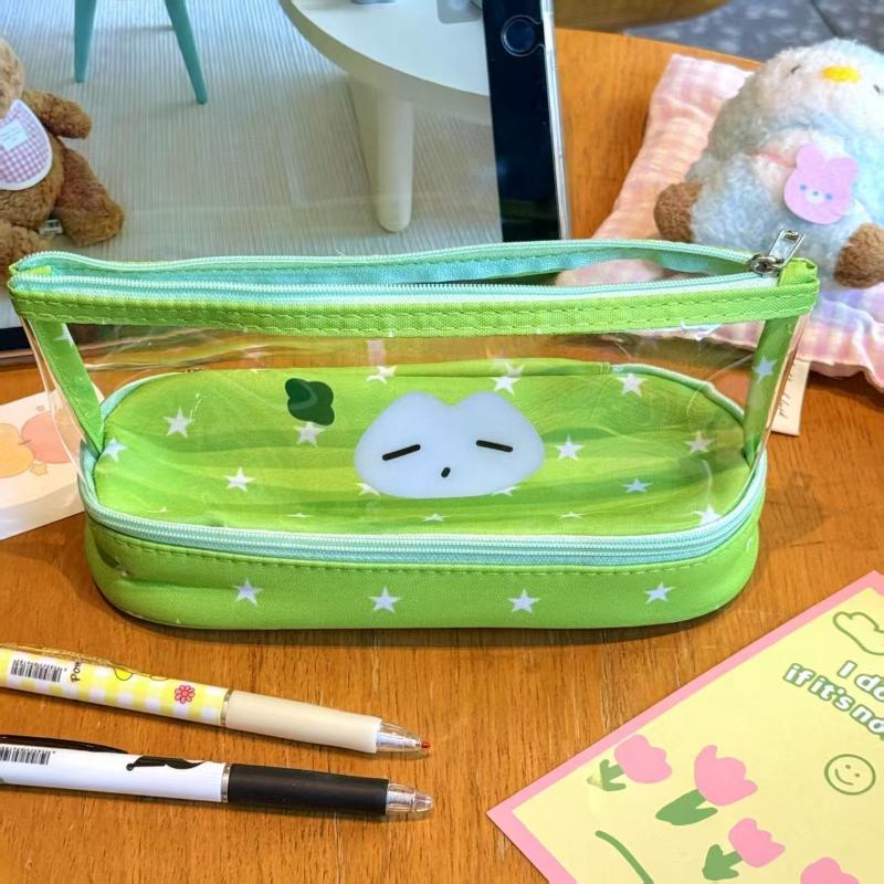 Transparent High Capacity Pencil Case Minimalist Style Student Pencil Pouch Multi Layer Cartoon Stationery Storage Bag