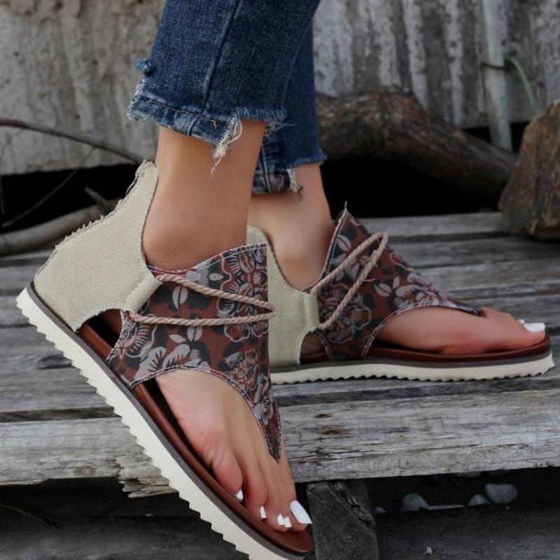 Móda 2024 Léto Dámské Měkká Podrážka Vnitřní a Venkovní Domácí Taška Podpatek Ležérní Sandály Retro Květinová Látka Meziprstní Plochá Podrážka