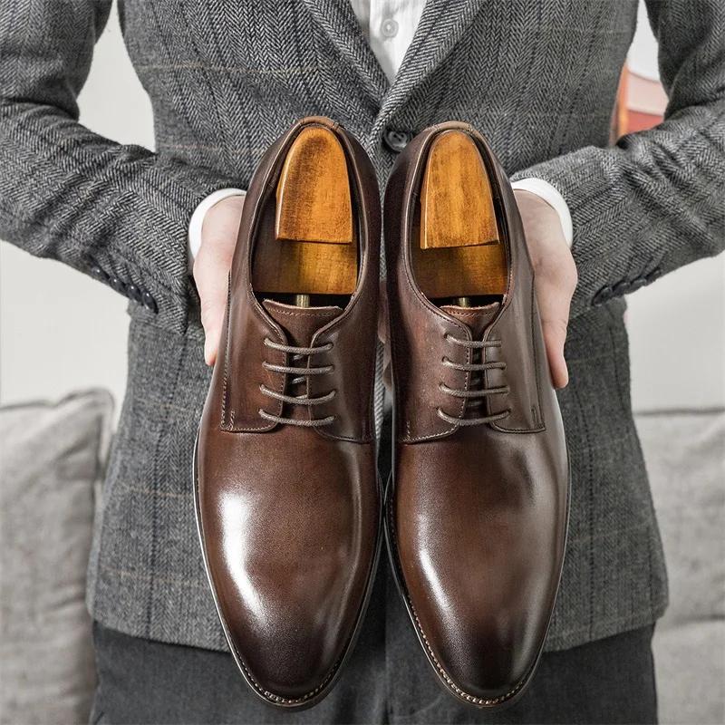 fashion Fashion Pointed Handmade Shoes New Business Casual Leather Derby Shoes for Men's British Lace up Cowhide Formal Wedding Shoes