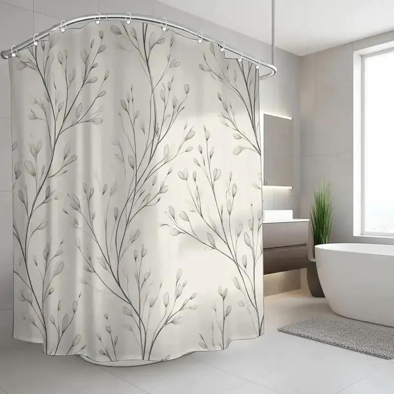 Minimalist Branch Shower Curtain Gray Botanical Pattern Bathroom Decor Waterproof Curtains Elegant Home Style