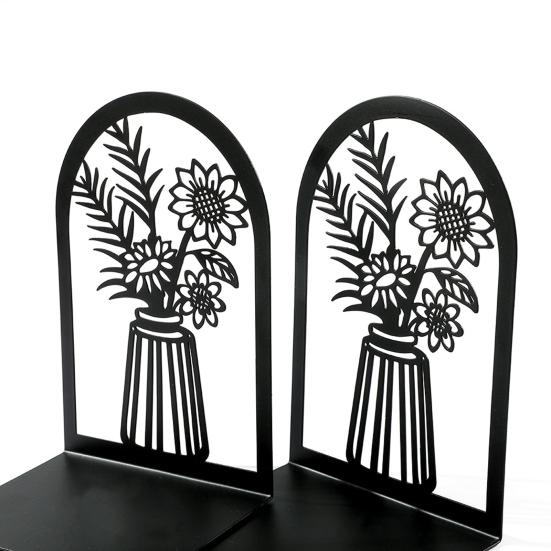 2 Stück Bücherregal-Buchstützen, hohle Blumen, geschnitztes Muster, Vase, Buchstützen, L-förmiges Design, rutschfester Buchhalter